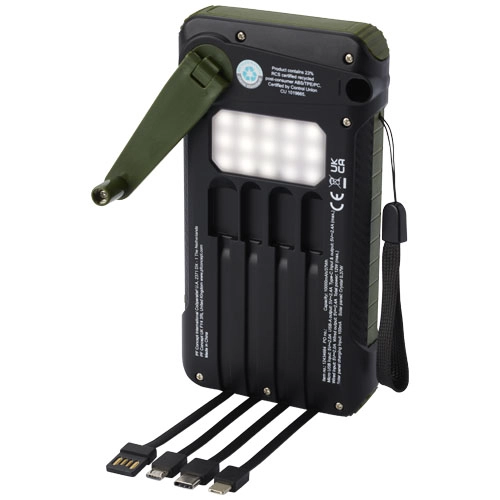 Soldy powerbank solarny o pojemności 10 000 mAh z dynamem wykonany z tworzyw sztucznych pochodzących z recyklingu z certyfika