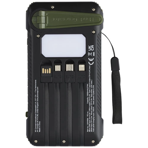 Soldy powerbank solarny o pojemności 10 000 mAh z dynamem wykonany z tworzyw sztucznych pochodzących z recyklingu z certyfika
